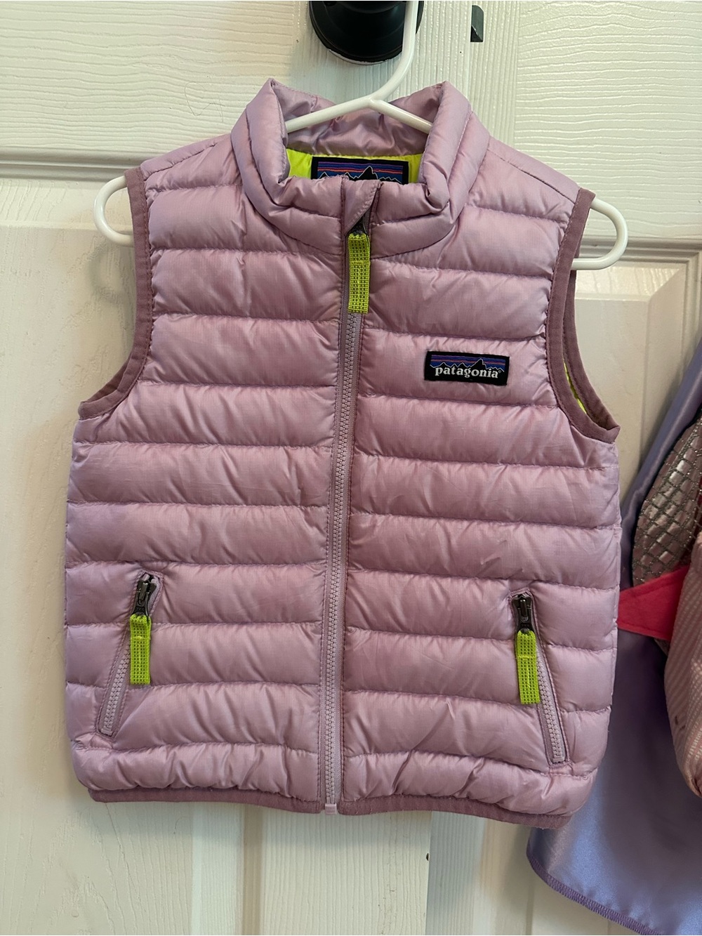 Patagonia Kids Light Purple Quilted Vest with Lime Accents